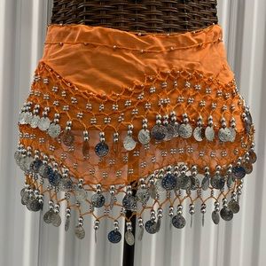 Sexy 🔥 Tangerine Orange Belly Dancing Hip Scarf Skirt Sash Costume Silver Coins